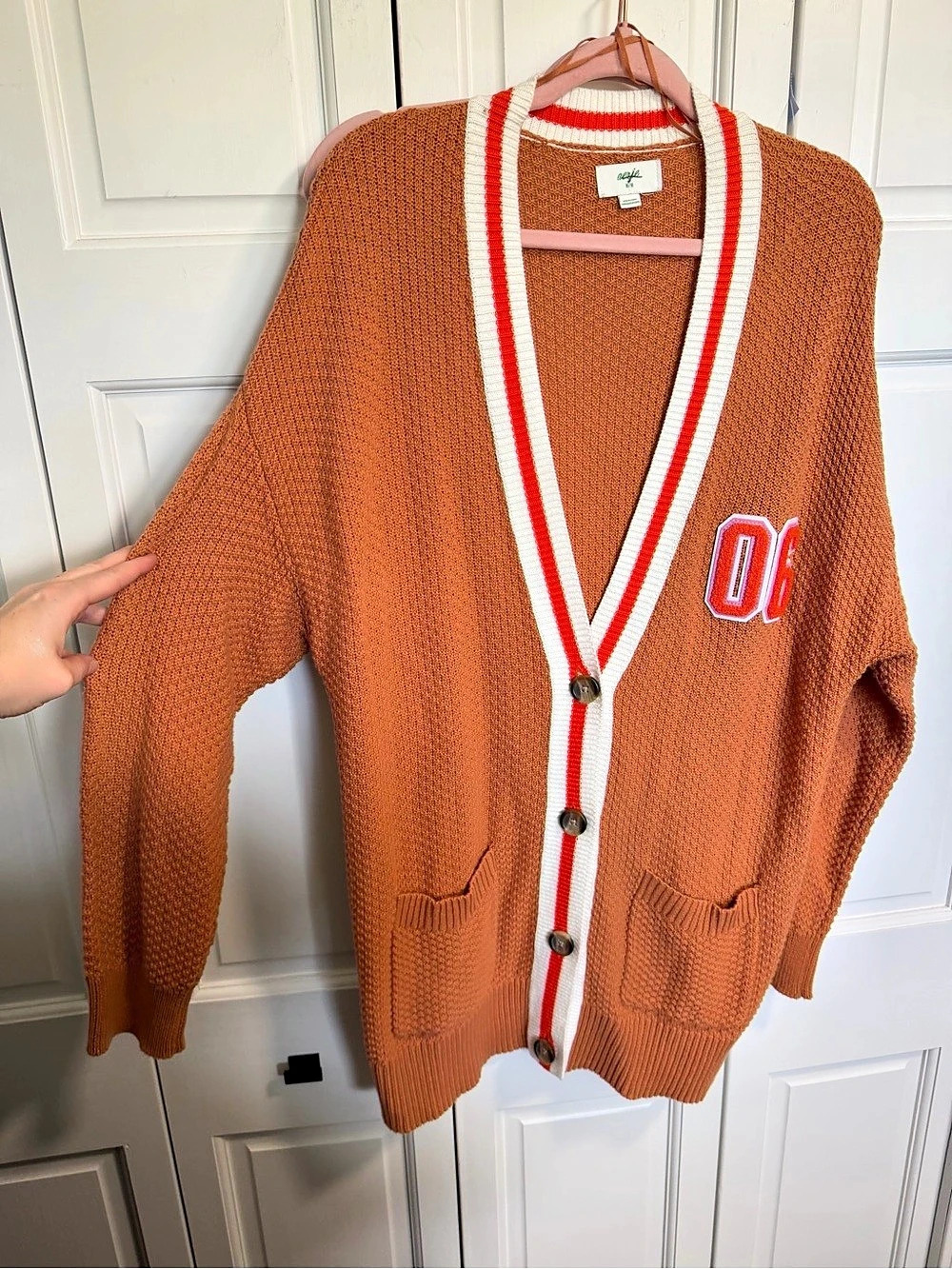 Aerie Oversized Varsity Cardigan Brown & Orange Medium